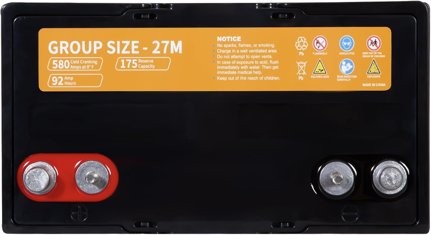 Weize Dual Purpose AGM Battery BCI Group 27M, 175RC 580CCA 12V 92AH Starter & Deep Cycle Sealed Marine & RV Battery