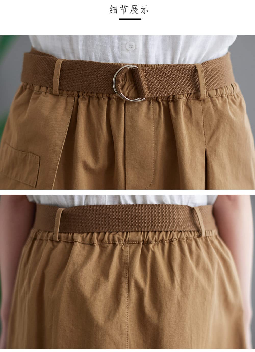 Rock Damen,Damen-Midirock Khaki Elastischer Cargorock Mit Hoher Taille Locker Mit Tasche A-Linie Swing Geraffter Einfarbiger Mittellanger Rock Für Mädchen Damen,M