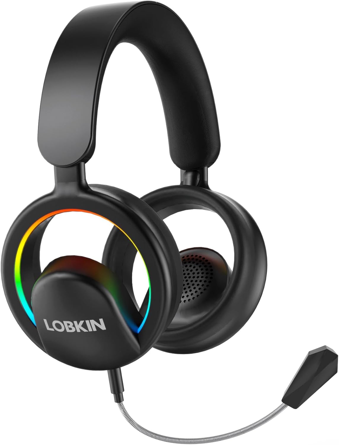 LOBKIN Open Ear Headphones, Bluetooth 6.0 Wireless Headset with Mic Detachable, Adjustable RGB Lights, Voice Assistant Comfortable Breathable Safe Lightweight Over Ear Headphones for Working Gaming