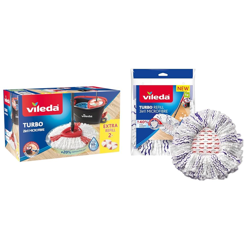 Vileda TURBO Pack Special avec 1 recharge supplémentaire - Balai serpillère en microfibres + son seau essoreur à pédale, 3 Unité & Recharge Turbo 3en1 avec pad central