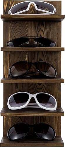 Miniatura 6 de MyGift Estante rústico de 5 niveles para lentes de sol de madera maciza quemada, estante de gafas de ojos montado en la pared o soporte de mesa,