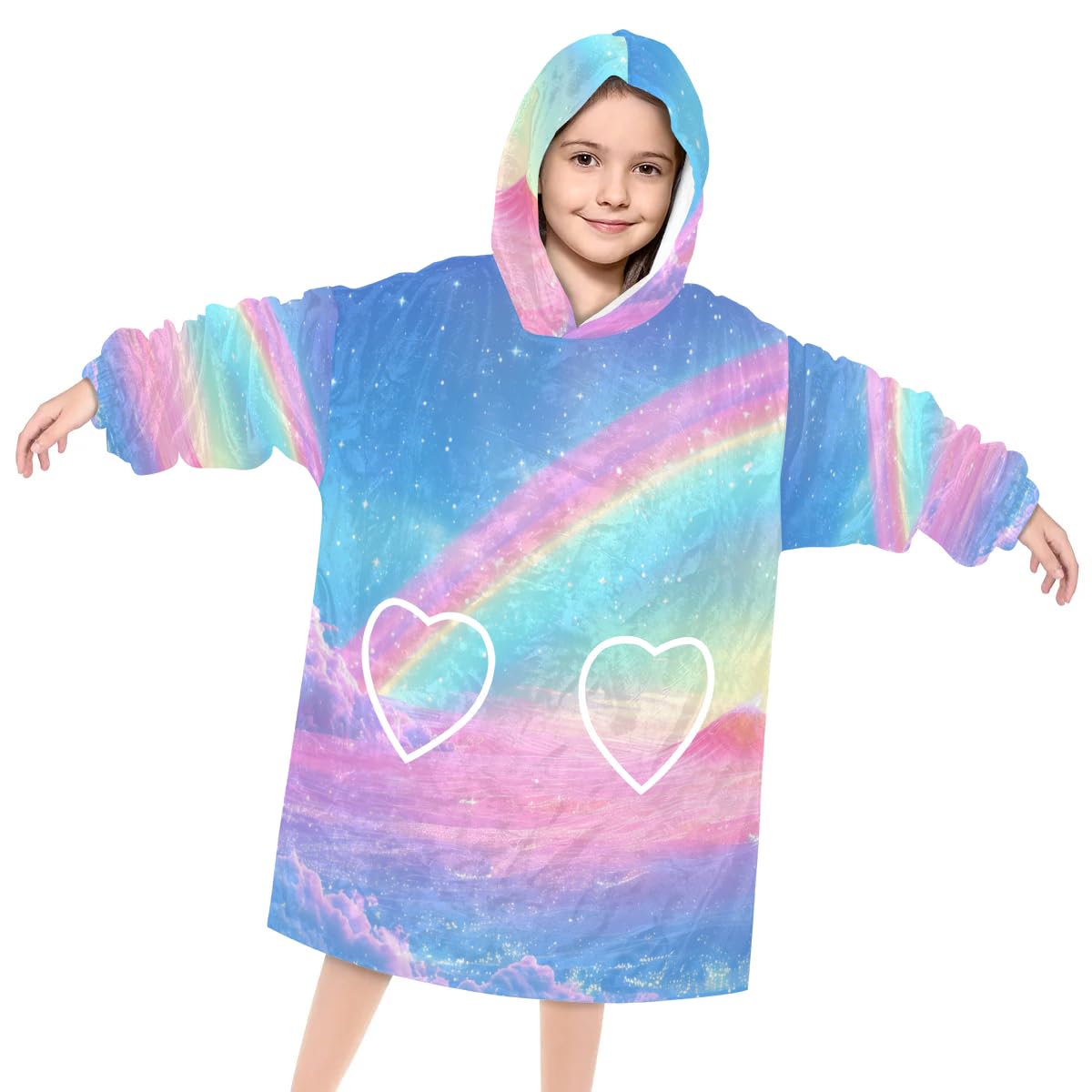 Pardick Wearable Blanket Hoodie for Kids, Glittering Clouds Fleece Sweatshirt Blanket Oversized Blanket Sweatshirt with Pocket Flannel Warm Hooded Blanket 6-10 Year Old Girl Boy Gift, One Size