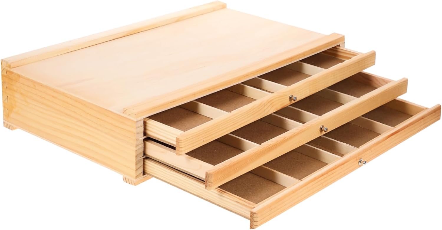 HAPINARY Household Wood Pen Holder with Multi-Layer Drawer Storage Portable Paint Brush Organizer for Art Supplies and Desk Organization