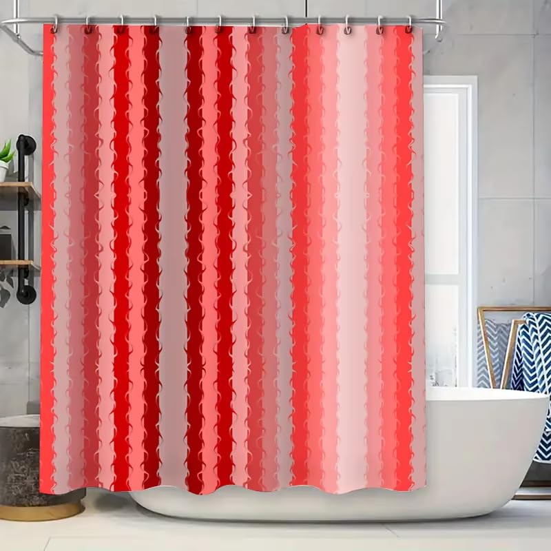 Cortina de Ducha 90X180 con Rayas Degradadas En Rojo Y Rosa - Cortina de Baño Moderna con Textura de Ondas Verticales Abstractas con Ganchos - Cortina de Baño Bohemia Impermeable de Secado Rápido