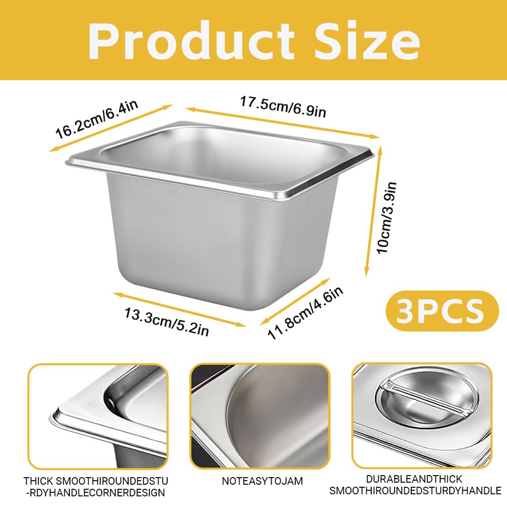 Set di 3 contenitori da 1/6 in acciaio inox con coperchio, padelle profonde 10 cm, altezza contenitore per alimenti, vapori o come inserto in piatti, contenitori impilabili