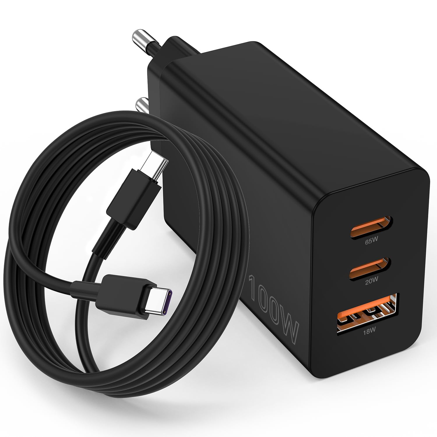Chargeur USB C 100 W, Chargeur Rapide 3 Ports Prise USB C +USB A, GaN QC Prise Type C Adaptateur pour MacBook Pro, MacBook Air, iPad Pro, iPhone 17/16, Samsung Galaxy et Tous Les appareils USB C