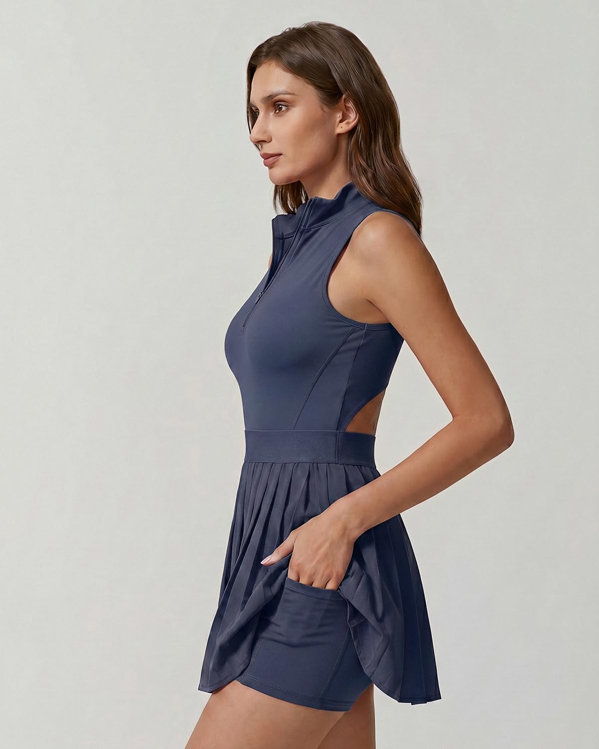 Condition photo showing As Is for qinsen womens zip front tennis dress high neck pleated sleeveless two pieces golf athletic dress with pockets
