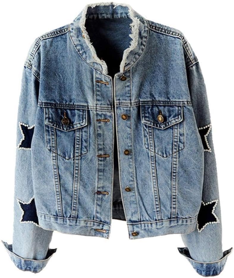 Kedera Women Pearls Beading Denim Jacket Long Sleeve Button Down Distressed Ripped Jean Coat