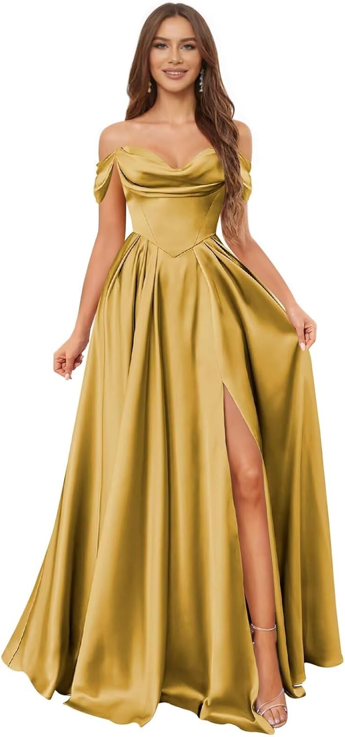Off Shoulder Satin Prom Dresses for Women Pleated Bridesmaid Dress A-Line Long Formal Evening Dress with Slit