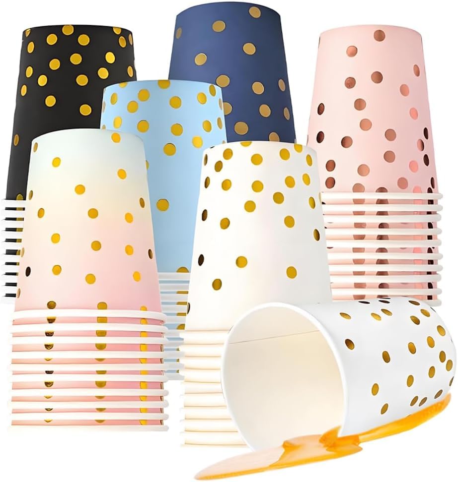 WZHHDM Black Gold Polka Dot Paper Cups, 60 Pcs Paper Cups Party, 9 Ounces Party Cups Can Be Reused Picnic Cups for Party DIY Holiday Barbecues and Wedding Birthday (Multicolored)