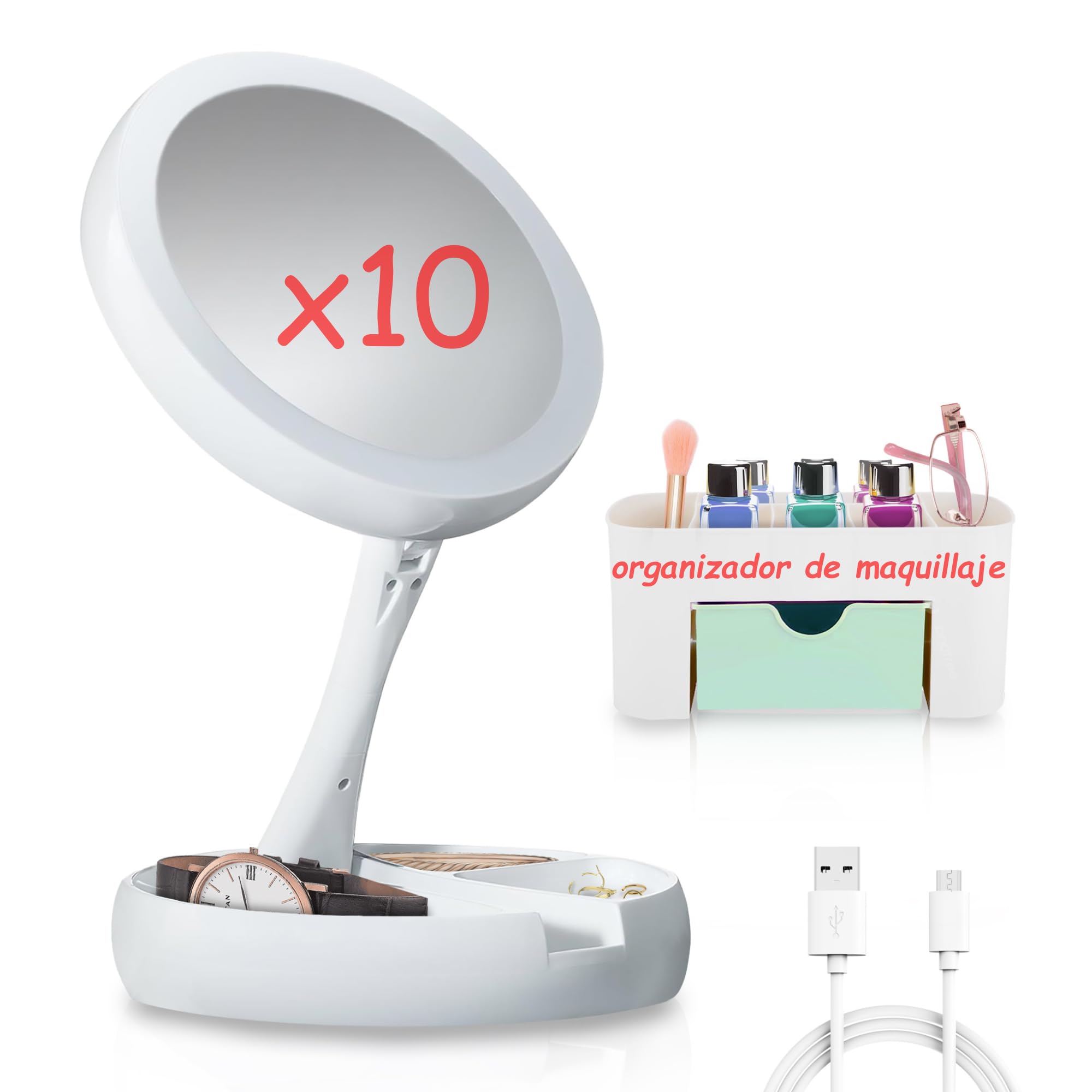 VITALIF® Precioso Espejo Maquillaje con luz Premium | Organizador de Maquillaje | espelho maquilhagem com luz Plegable | Espejo de Aumento con luz led para Maquillaje preciso | Espejo Aumento X10