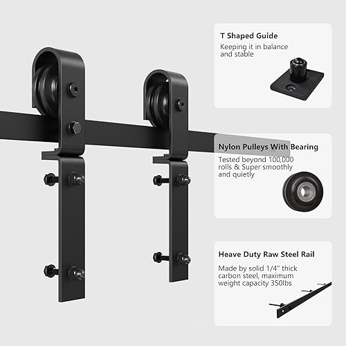Miniatura 5 de ROOMTEC Kit de riel de hardware para puerta corrediza de granero biplegable de 3 pies, kit de rodillos negros para 2 puertas, forma de J (sin puerta)