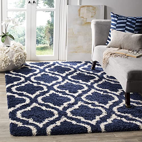 Image of Super Ultra Modern Soft Shaggy Handcrafted Anti-Skid Silk Touch Carpet, Size 2x6 Feet, Color NAVYY Ivory