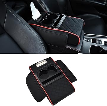 JSCARLIFE Auto Center Console Armrest Pillow, PU Leather Car Armrest Cushion Memory Foam Armrest Box with Cup Holder,Storage Box Universal Car Armrest Box Cover Protector for Most Cars Black