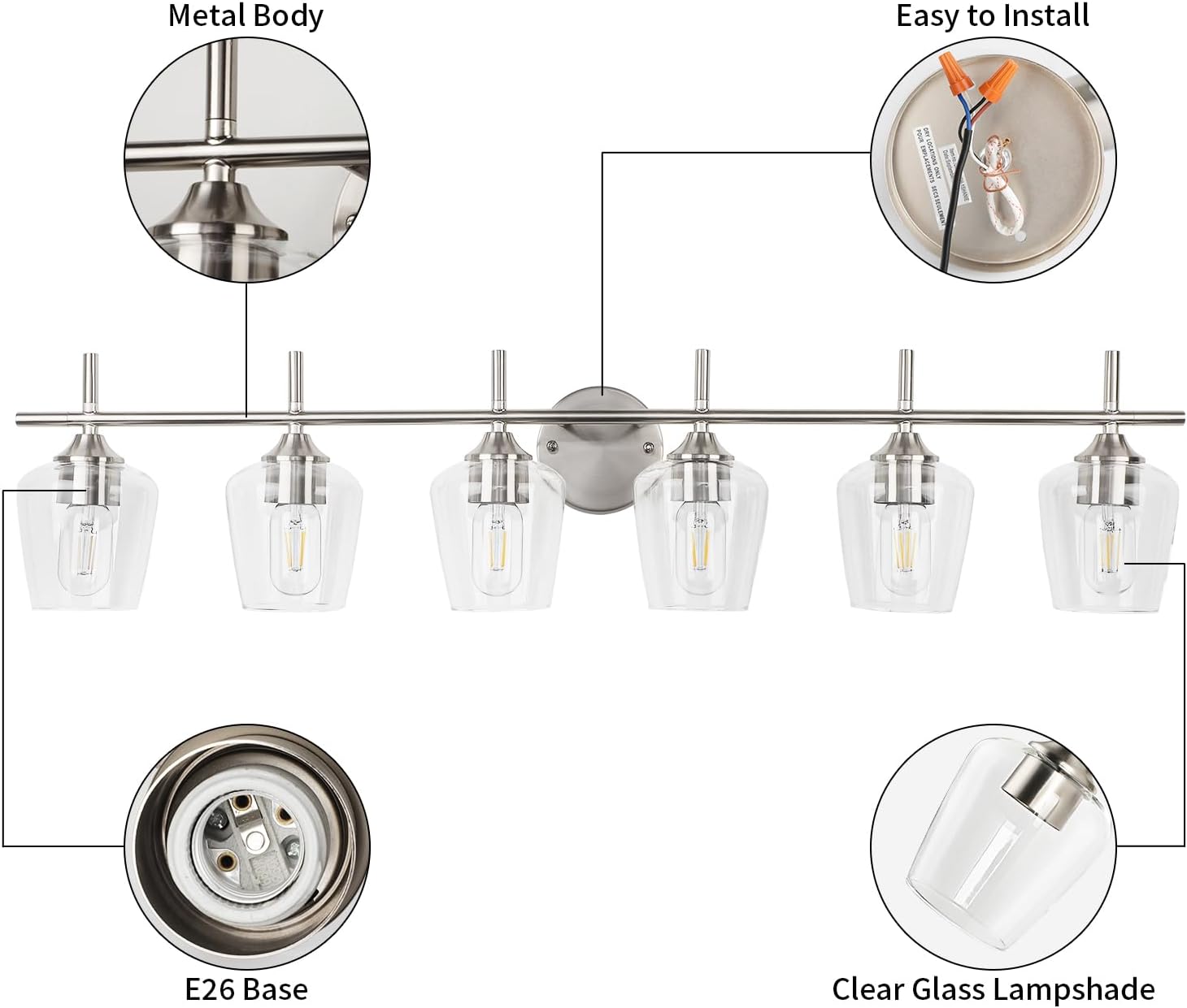 Bathroom Vanity Light Fixtures, Bathroom 6-Lights Over Mirror Modern Vanity Lighting with Clear Wine Glass Shade Wall Lamp for Bedroom Hallway Living Room (Nickel, 6-Light)