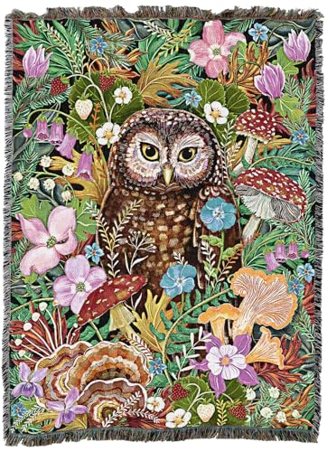Pure Country Weavers Owl in The Woods Floral and Mushroom by Olga Akbarova - Gift Tapestry Throw Bla