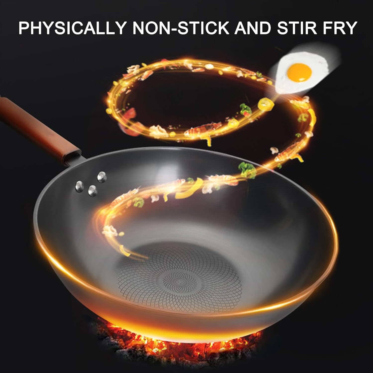 32cm Traditional Chinese Iron Wok Pan, Woks and Stir Fry Pans with Flat Bottom Cookware for All Stoves