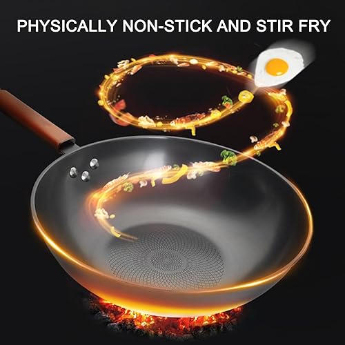 Miniatura 4 de Juego de woks y sartenes para freír de 13 pulgadas con tapa y mango de madera, sartén china sin productos químicos para inducción, gas, halógenas