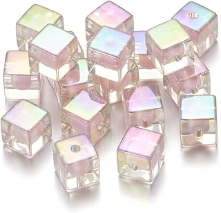 5pcs 12mm Clear Cube Crystal Beads Transparent AB Color Square Glass Beads Bulk Assorted Spacer Beads Loose Glass Beads for Jewelry Making Home Decoration (Pink)