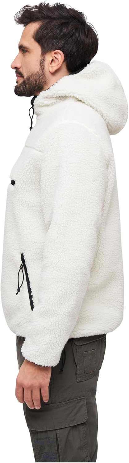 Brandit Men's Hooded Teddy Fleece Warm Outdoor Quarter Zip Jacket with Chin Guard & Wind Protection Strip