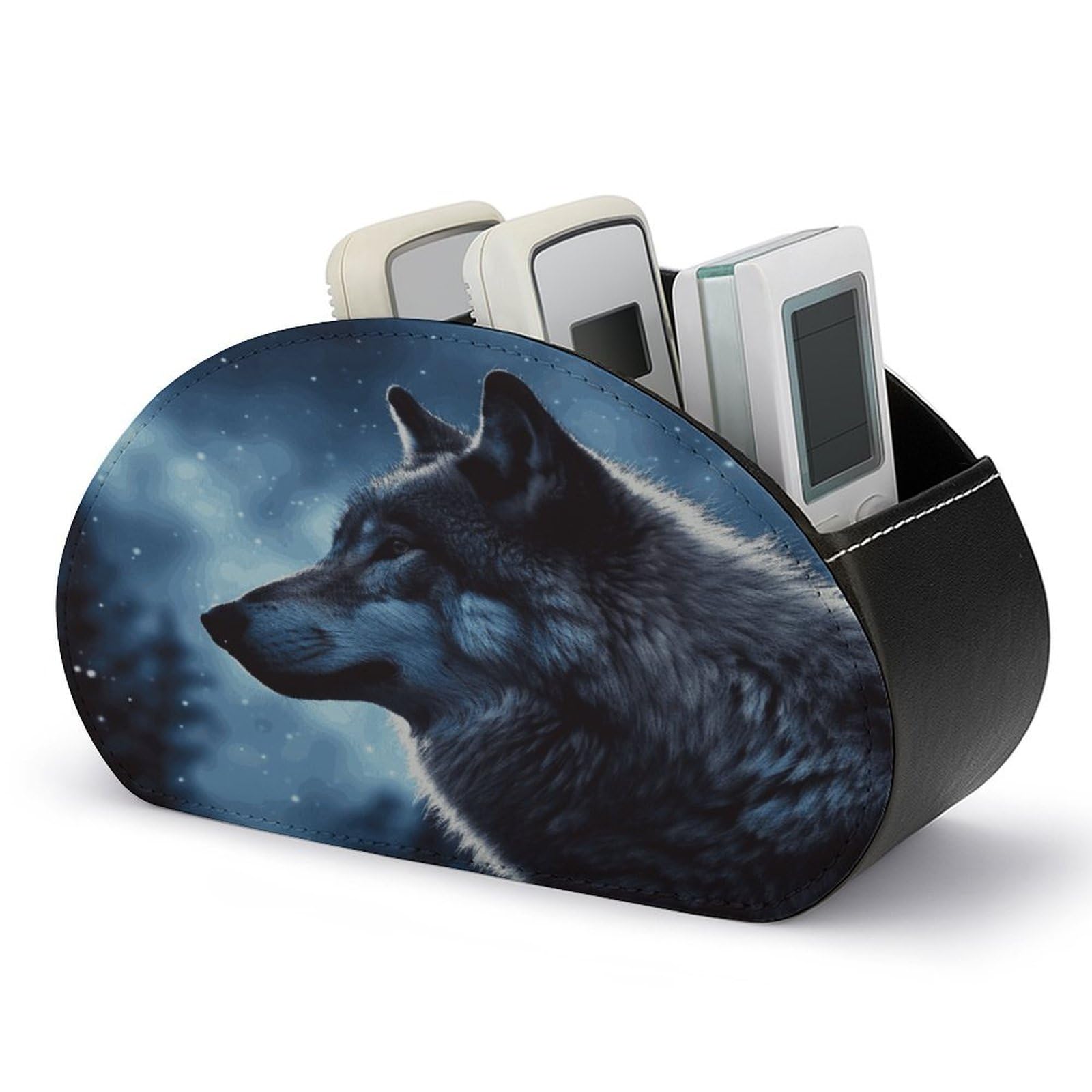 GHENBLT Remote Control Holder, Leather TV Lonely Wolf Remote Caddy Organizer, Desktop Organizer with 5 Compartments, Bedside Table Organizer for Home, Office, Living Room, Nightstand