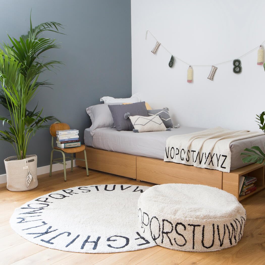 Lorena Canals Alfombra Lavable ABC para habitación infantil o dormitorio en natural/negro. Hecho a mano en forma redonda con algodón y tintes no tóxicos - Ø150cm