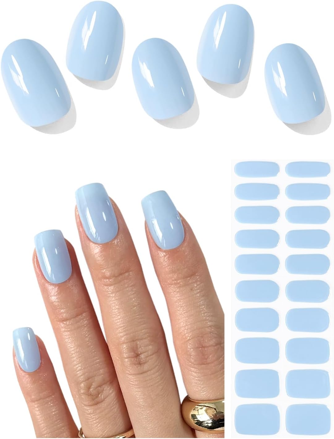 AutyaMee Semi Cured Gel Nail Strips (Light Blue), 20 Pcs Gel Nail Wraps, Stickers, Salon Quality, Solid, Works with Any UV Lamps