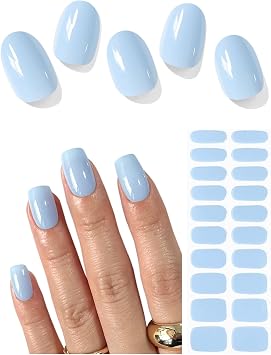 AutyaMee Semi Cured Gel Nail Strips Light Blue, 20 Pcs Gel Nail Wraps, Stickers, Salon Quality, Solid, Works with Any UV Lamps
