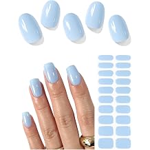 AutyaMee Semi Cured Gel Nail Strips Light Blue, 20 Pcs Gel Nail Wraps, Stickers, Salon Quality, Solid, Works with Any UV Lamps