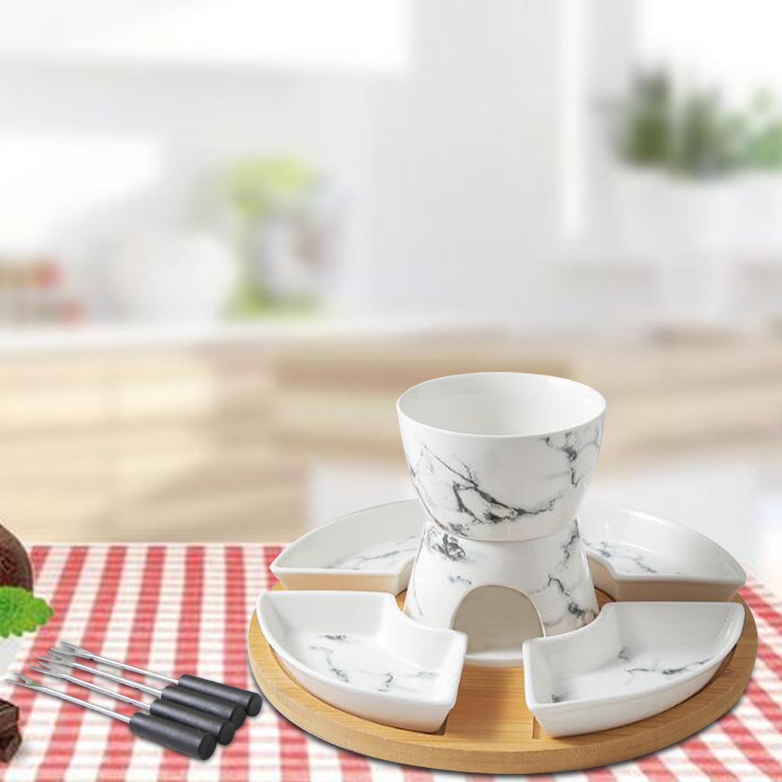 Ailan Schmelz und Schokoladenfondue Set mit Teelicht und 4 Käsegabeln. | Keramik Butterwärmer/Schmelz und Schokoladenfondue Schüssel