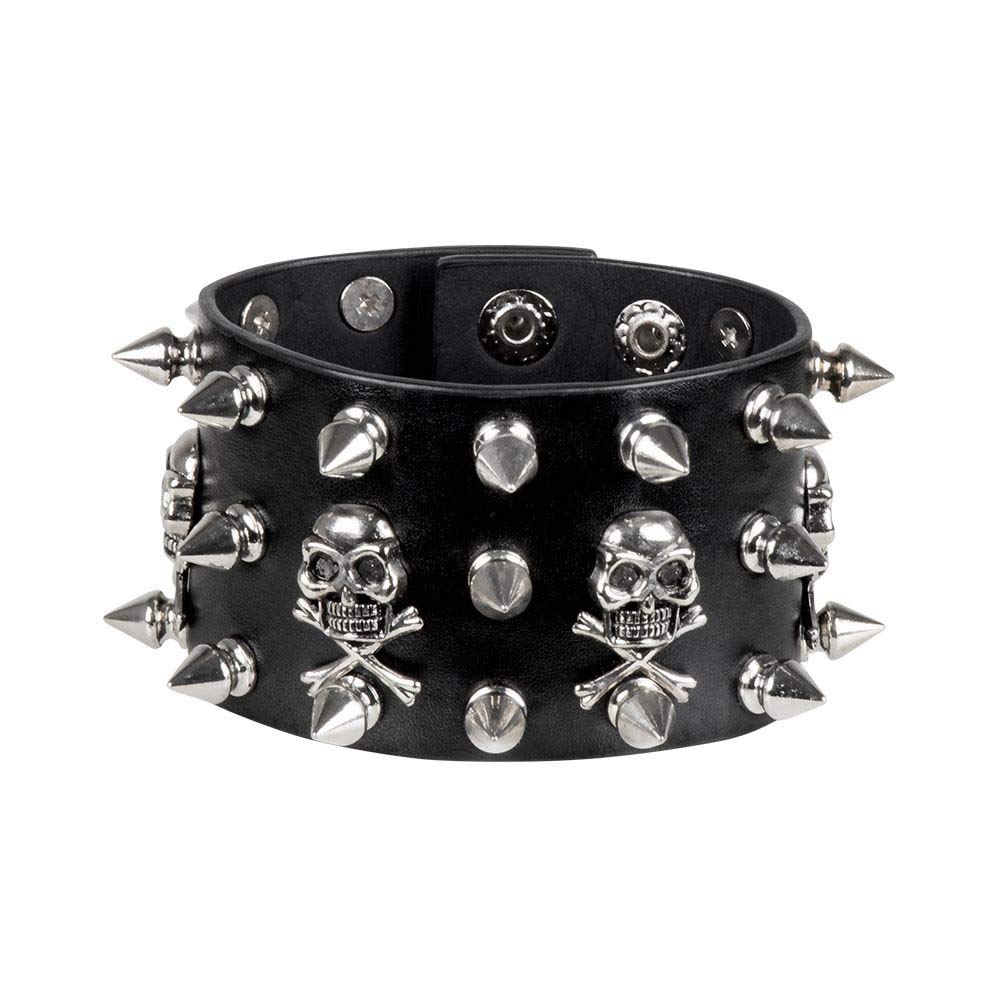 Boland 64518 – Biker Bracelet, One Size, Black, Leather Look, Rivets, Skulls, Rocker, Punk, Fashion Jewellery, Bracelet, Accessory, Costume, Fancy Dress, Carnival, Theme Party