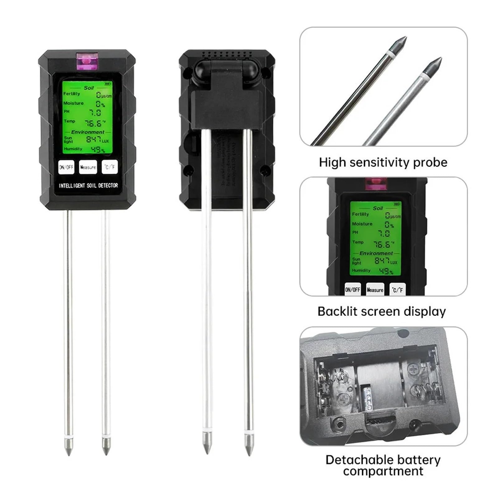 Misuratore di umidità 6 in 1, luce solare, pH, temperatura, umidità, fertilità del terreno, piante da giardino, fiori, tester di umidità, sensore di umidità del terreno