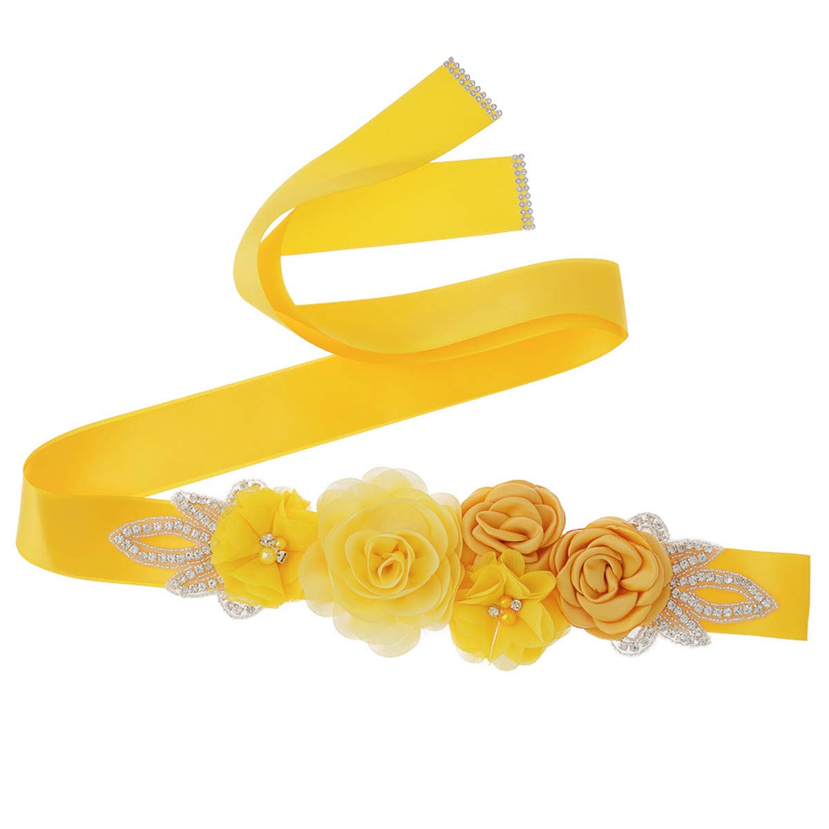 Lauthen.S Sash Belt with Flowers Pearls Rhinestone for Wedding Bride/Baby Shower Dress, Yellow, One Size