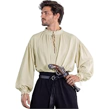 Men's Pirate Shirt 100% Cotton Medieval Renaissance Poet Blouse with Fixed Tie for Steampunk Cosplay