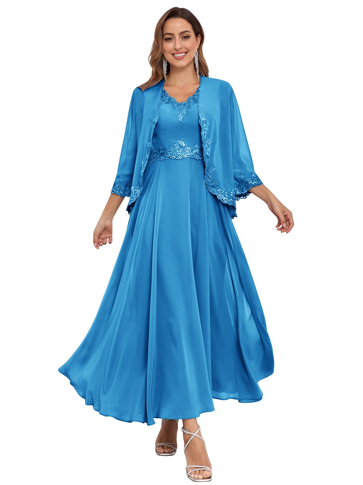 OFEECHUN Women's 2 Piece Mother of The Bride Dresses with Jacket Lace Chiffon Ankle Length Formal Wedding Guest Gown