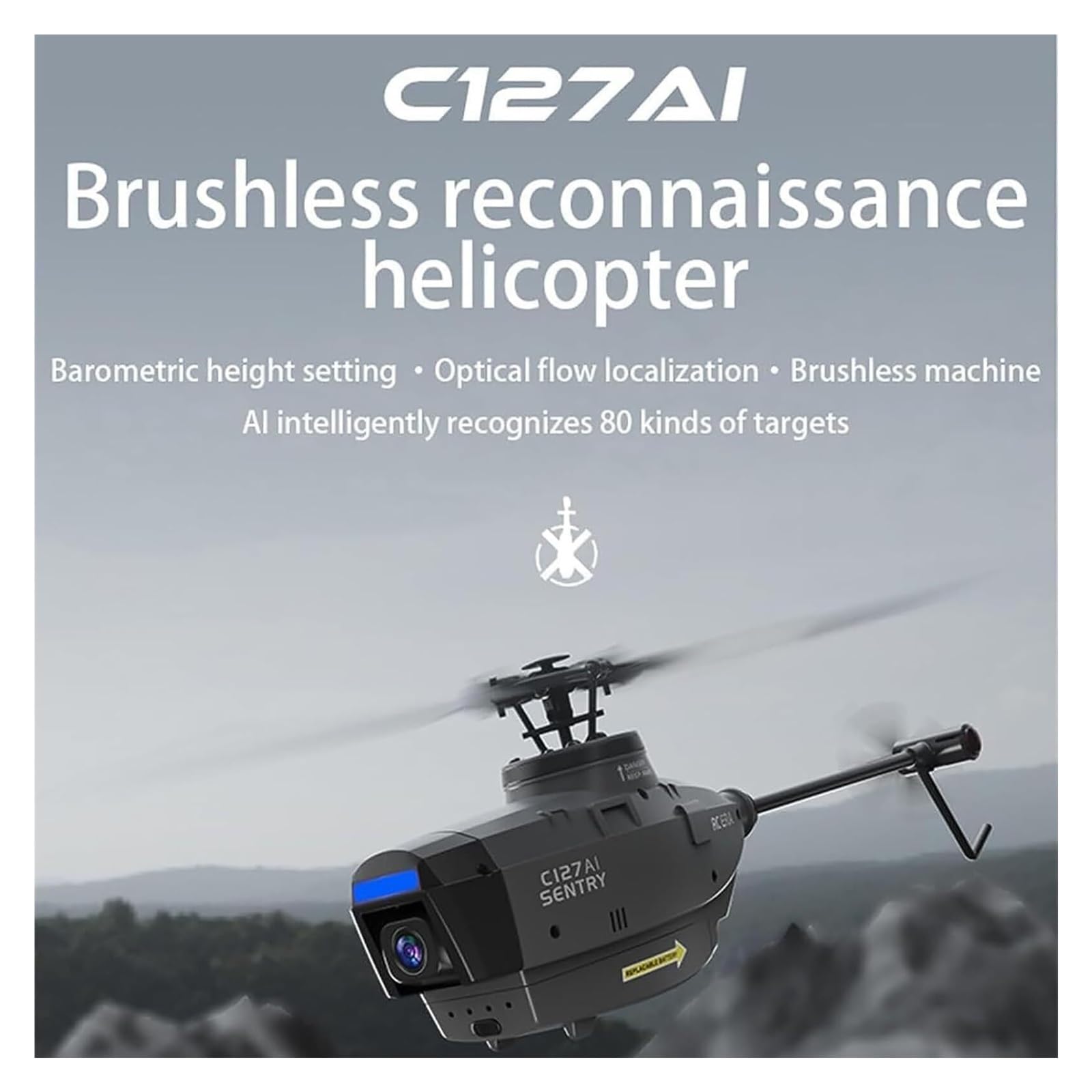 Elicottero RC Scout C127AI con Telecamera 1080P, Modello di Elicottero brushless monorotore 2.4G 4CH Senza alettoni, velivolo telecomandato con giroscopio a 6 Assi(Gray,Dual Batteries)