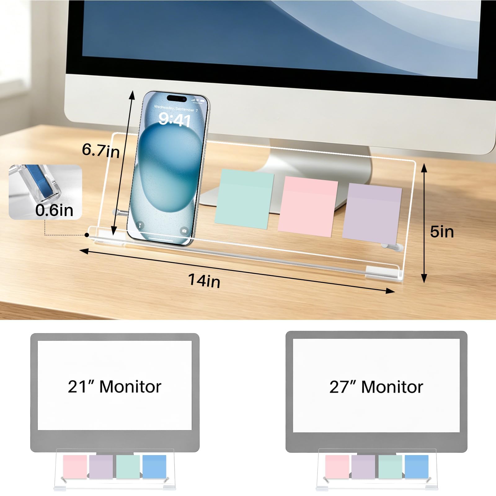 Monitor Memo Board 14"x5", Office Organization with Phone & Pen Stand view 7