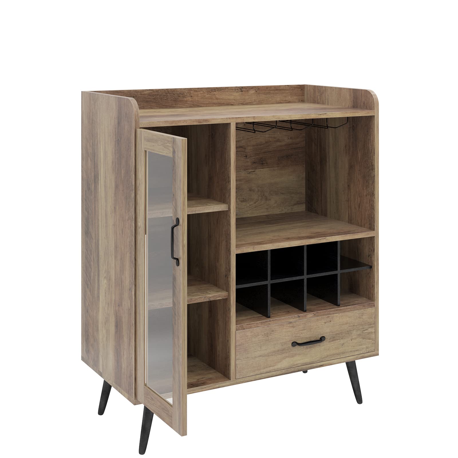 SogesHome Armoire à vin Buffet avec 1 Porte en Verre et tiroir 3 étages avec 8 Cubes de vin Buffet pour Rangement de vin avec Porte-Bouteille pour entrée, Salon, Cuisine