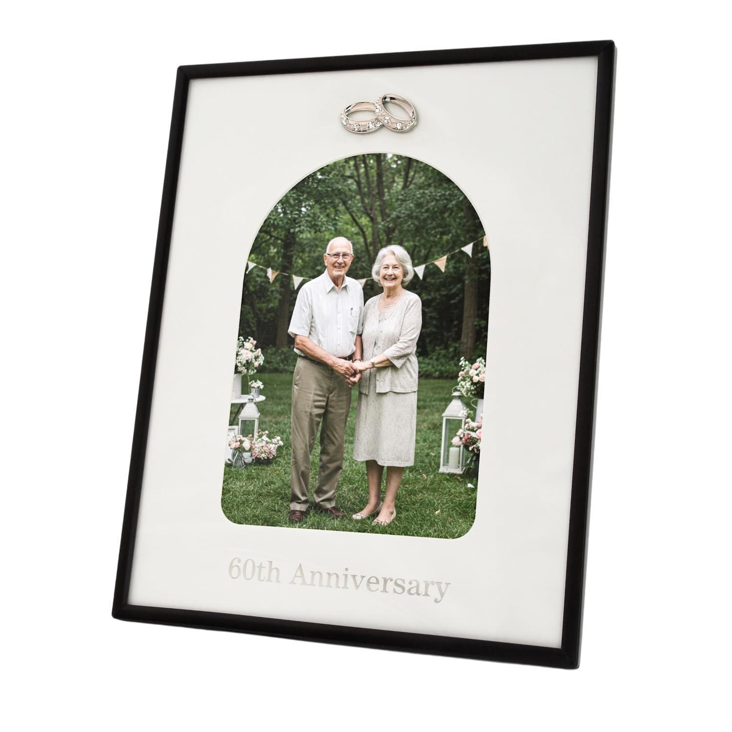 Happy Homewares Black 60Th Anniversary Matte Metal 5X7 Picture Frame With Diamante Rings | For Wall Or Table | Silver Foil Lettering