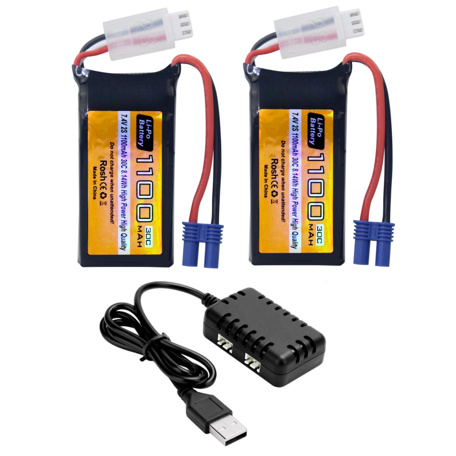 2PCS 7.4V 1100mAh 2S Lipo Akku mit EC2 Stecker und 2-in-1 Ladegerät für UTB18 Allradantrieb Off-Road Hochleistungskletterfahrzeug RC Fernbedienung Fahrzeug