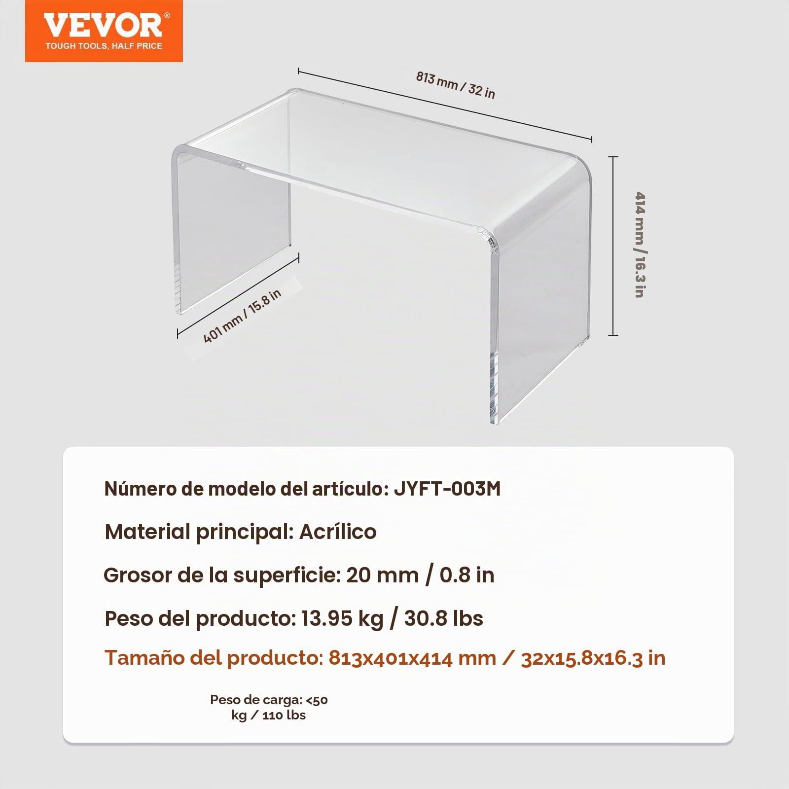 VEVOR Mesa de Centro de Acrílico Mesa Auxiliar 813x401x414 mm Extremo del Sofá de Acrílico Grosor de 20 mm Carga Máxima de 50 kg Mesa de Salón Almacenamiento Grande para Dormitorio Balcón Cafetería