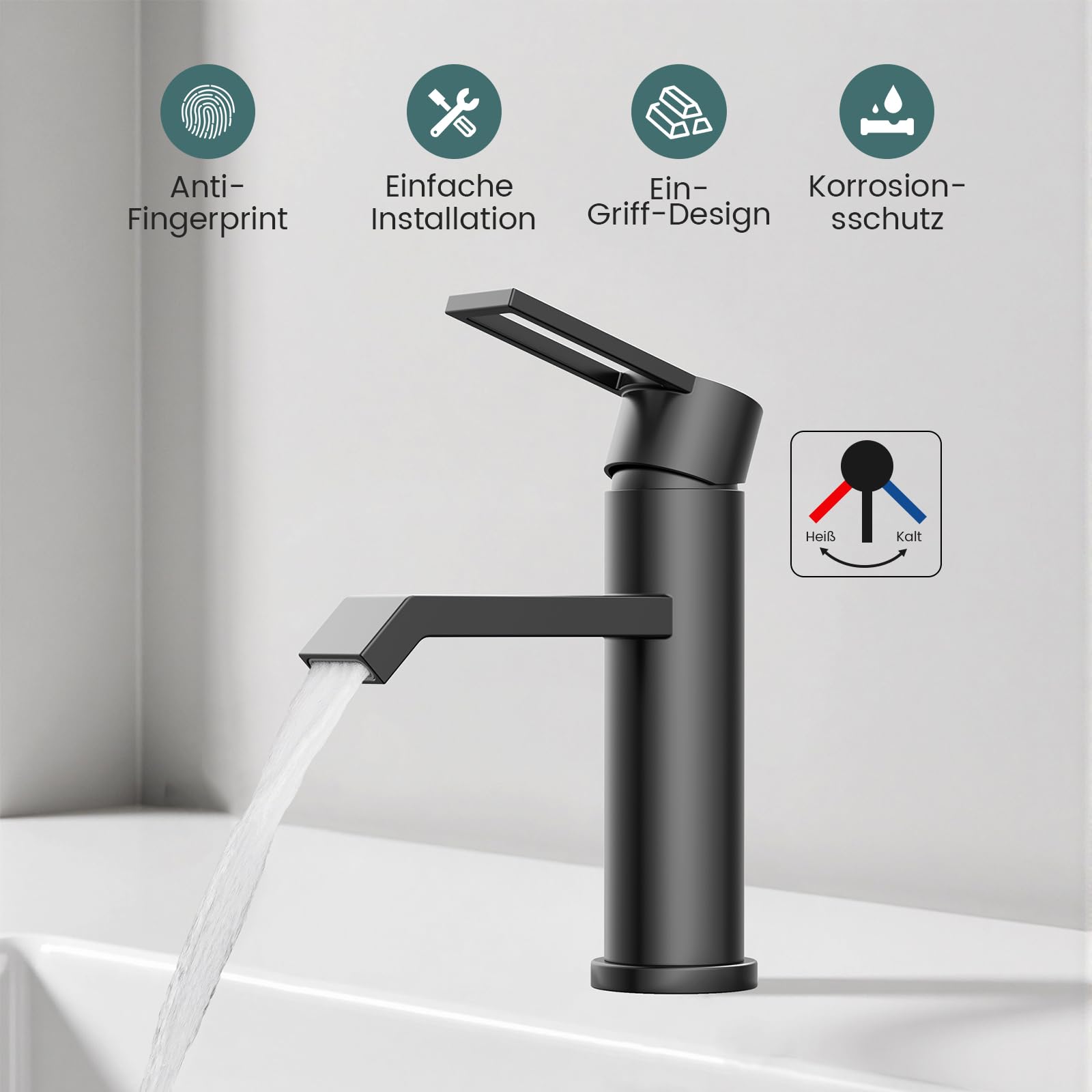 Wasserhahn Bad Waschtischarmatur Schwarz Matt, HURRAN Waschtischarmaturen Wasserhahn Badezimmer, Edelstahl Einhebelmischer für das Badezimmer, Moderne Waschbeckenarmatur für die Toilette RV Spüle