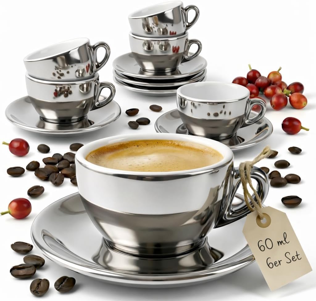 6 x filiżanki do espresso | srebrny chrom | styl włoski | grube ścianki i ciężkie | zestaw 6 filiżanek do espresso ze spodkami - zestaw upominkowy