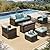 HERA'S HOUSE Patio Furniture Set with Fire Pit, 6 Pieces Outdoor Wicker Furniture, All Weather Patio Conversation Sets with Thick Cushions for Lawn Backyard, Brown/Blue
