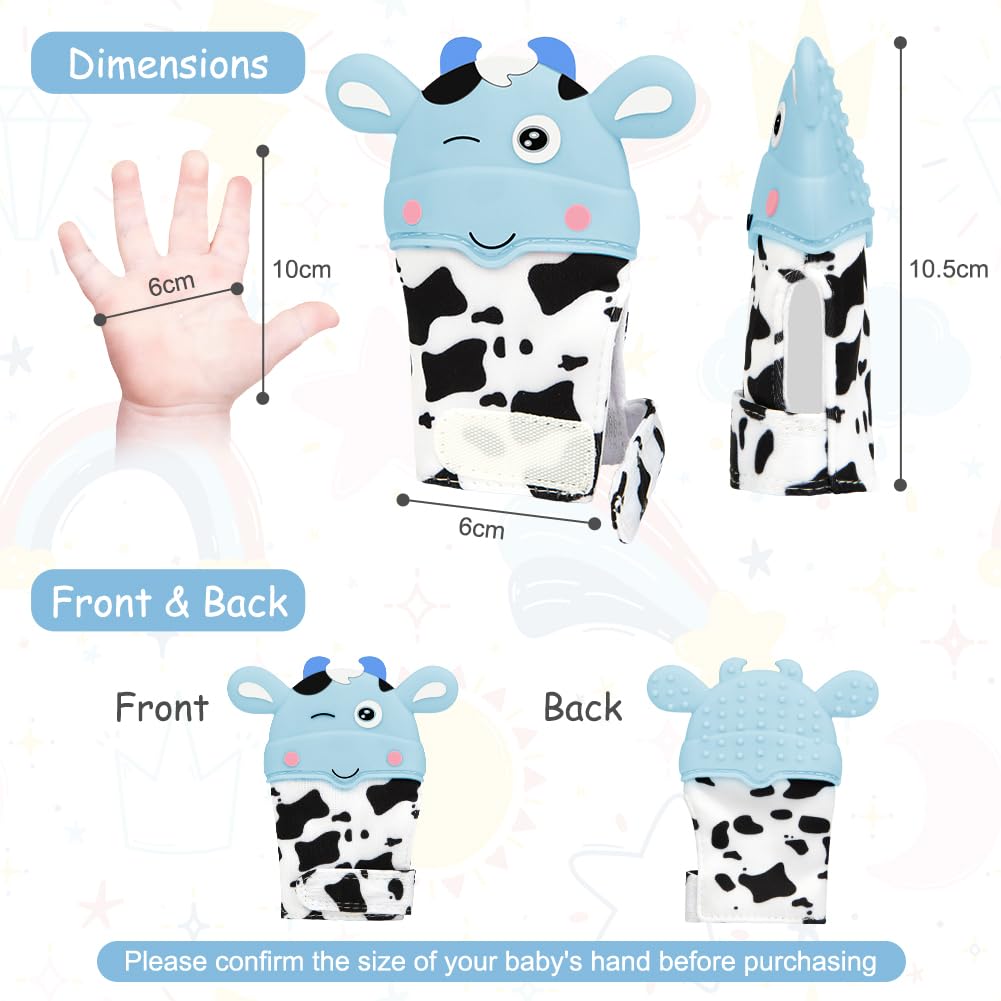 2Pack Silicone Teething Mitt, Cow Baby Teething Toy for 0-6 6-12 Months, Food Grade Silicone Infant Teething Mitten, BPA-Free Baby Chew Toys for Pain Relief, Sucking Needs