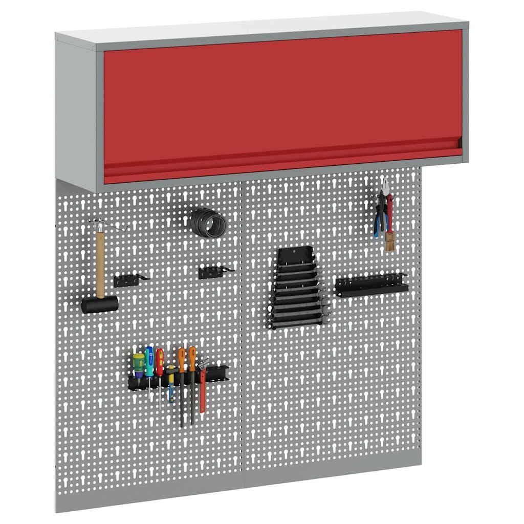 Juego de 3 armarios de herramientas de acero con recubrimiento de polvo rojo, montaje en pared con estantes metálicos y placas perforadas para taller, garaje, espacio de hobby, orden y