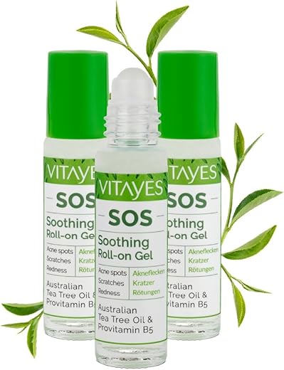 Vitayes SOS - Rodillo de aceite de árbol de té, vitamina B5, contra manchas de acné, arañazos, inflamaciones de la piel, bolígrafo roll-on calmante, espinillas, piel impura, vegano, 3 unidades de 10ml