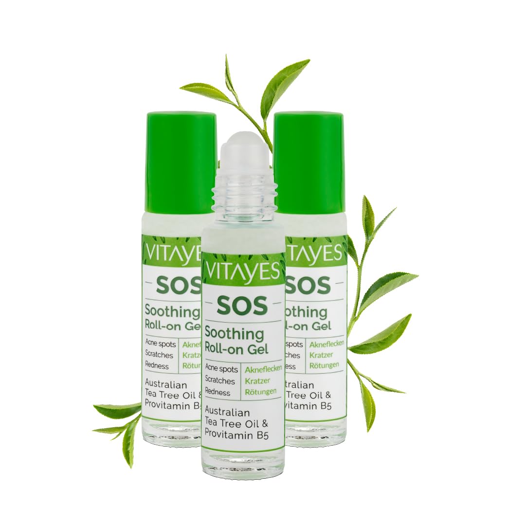 Vitayes SOS BIO Huile essentielle d'arbre à thé 3 x 10 ml – Huile essentielle contre les boutons, l'acné et les imperfections – Stylo roll-on avec vitamine B5 – Végétalien et sans cruauté envers les