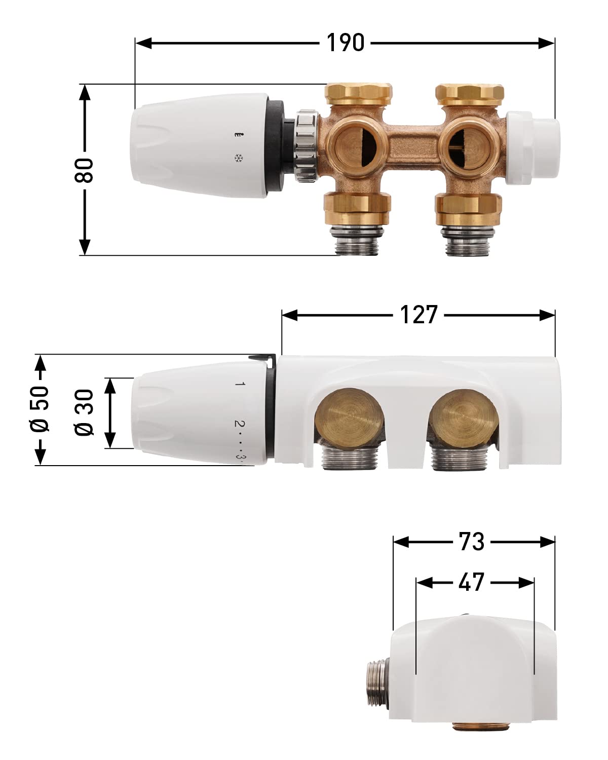 Heimeier Kompletny zestaw Multilux 4-częściowy z dolną częścią zaworu termostatu i głowicą termostatu DX, do montażu narożnego lub przelotowego, łączniki do grzejników R 1/2 i G 3/4, 27337 4