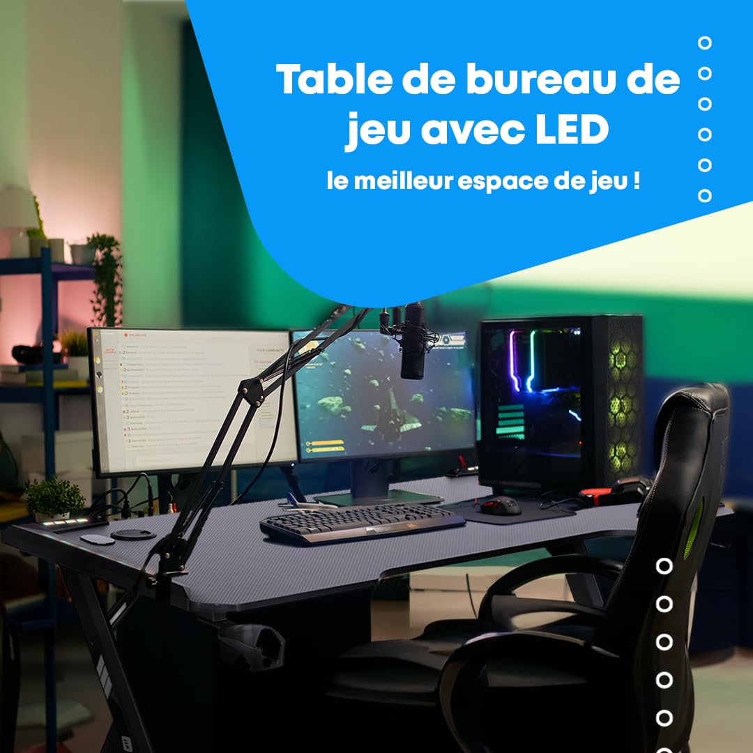 NK Bureau Gaming LED Ergonomique (120X60cm) - Porte-gobelets et Bouteilles, Support pour Casque, Gestion des Câbles, Bureau de Jeu, Plateau 1.5cm (Résistance) Poids Maximum Supporté 100kg - Blanc